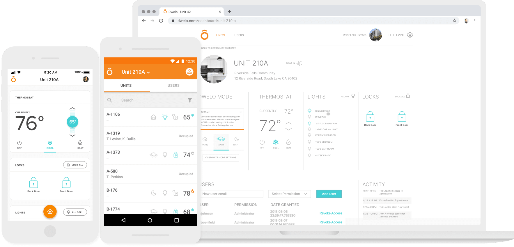 Image showing Dwelo smart home management platform's native apps for iPhone and Android, and the Dwelo website design on a laptop.